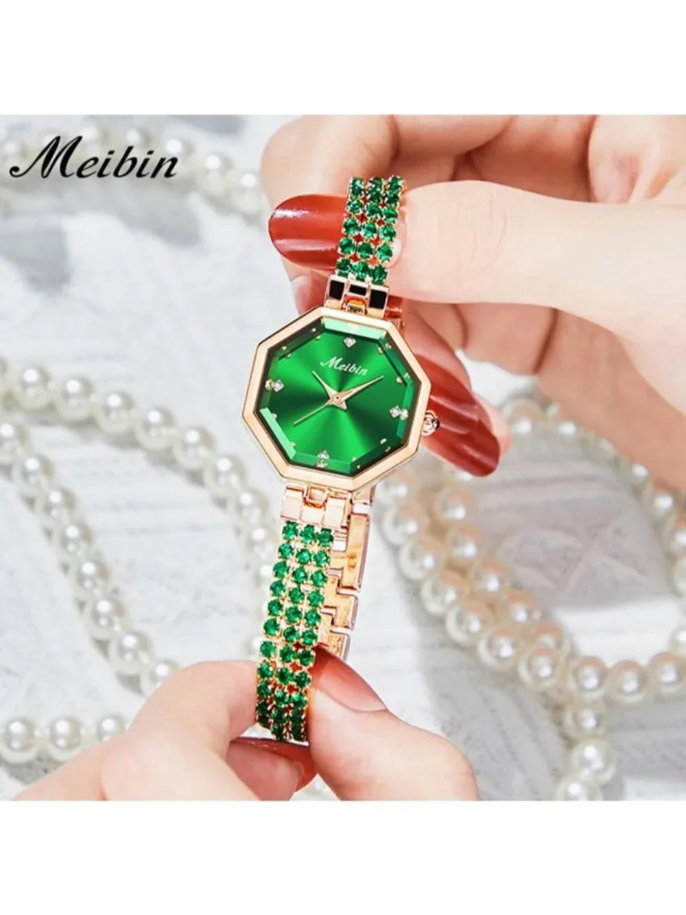 Women's Green Crystal Diamond Bangle Ladies Bracelet Luxury Oval Gold Wristwatch